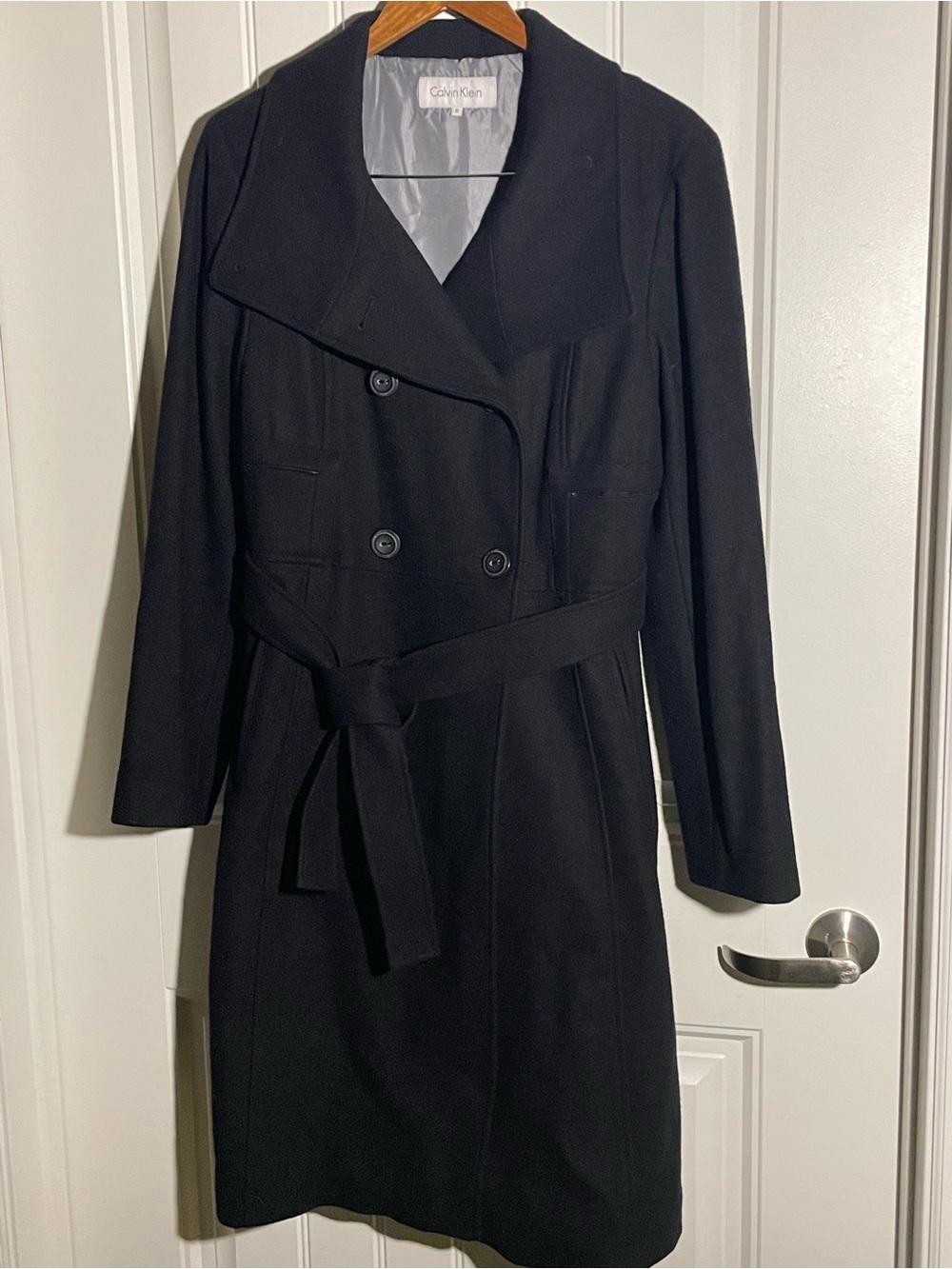Calvin Klein Black Double Breasted Belted Wool Trench Coat Size 8